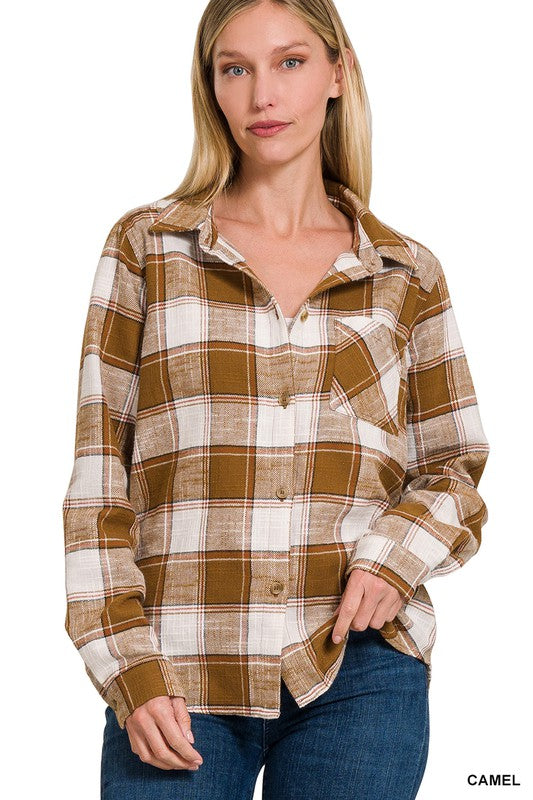 COTTON PLAID SHACKET WITH FRONT POCKET - MULT COLORS