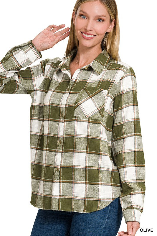 COTTON PLAID SHACKET WITH FRONT POCKET - MULT COLORS