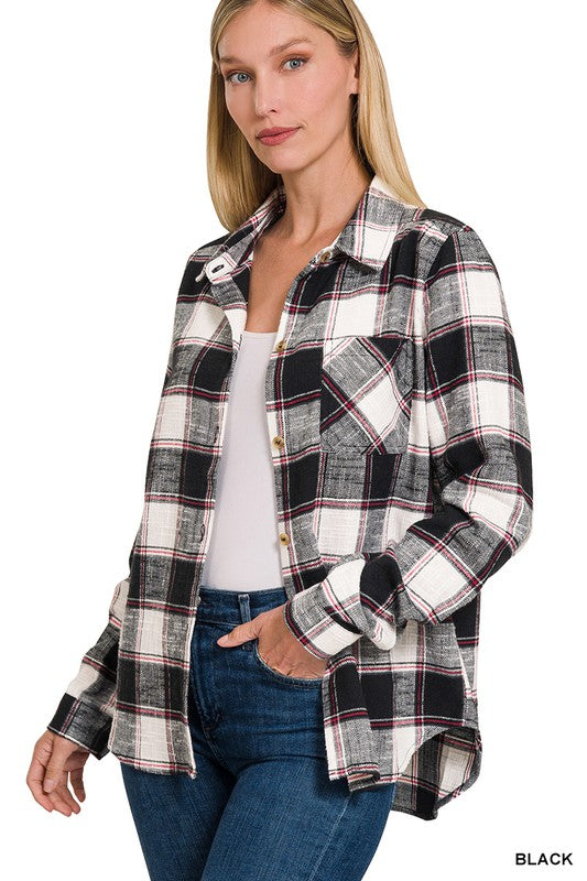 COTTON PLAID SHACKET WITH FRONT POCKET - MULT COLORS