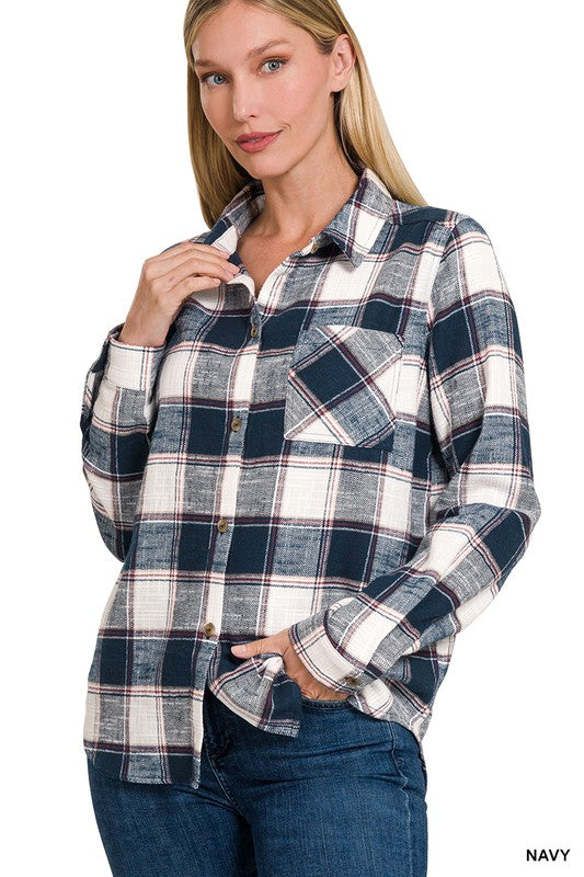 COTTON PLAID SHACKET WITH FRONT POCKET - MULT COLORS