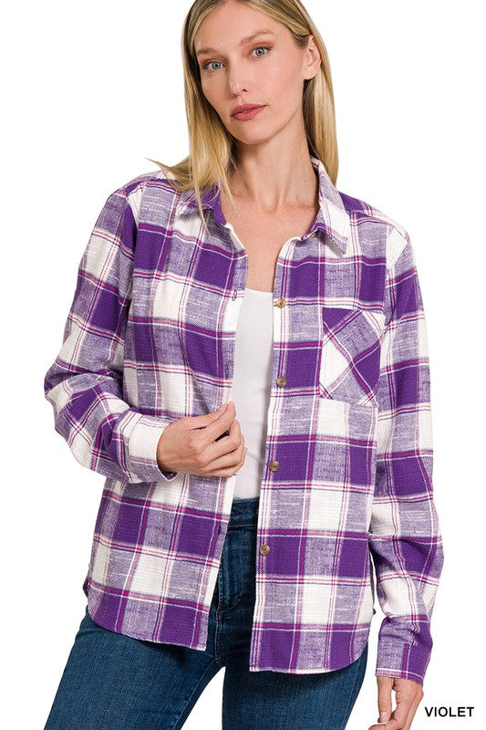 COTTON PLAID SHACKET WITH FRONT POCKET - MULT COLORS