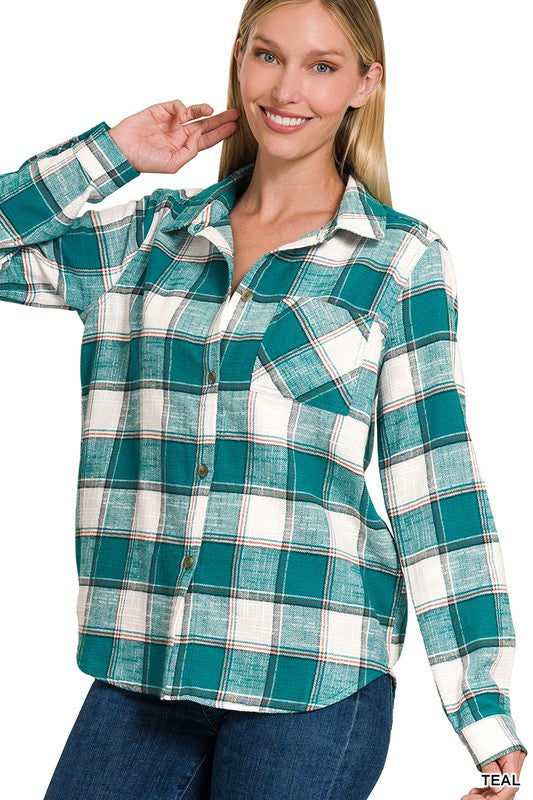 COTTON PLAID SHACKET WITH FRONT POCKET - MULT COLORS