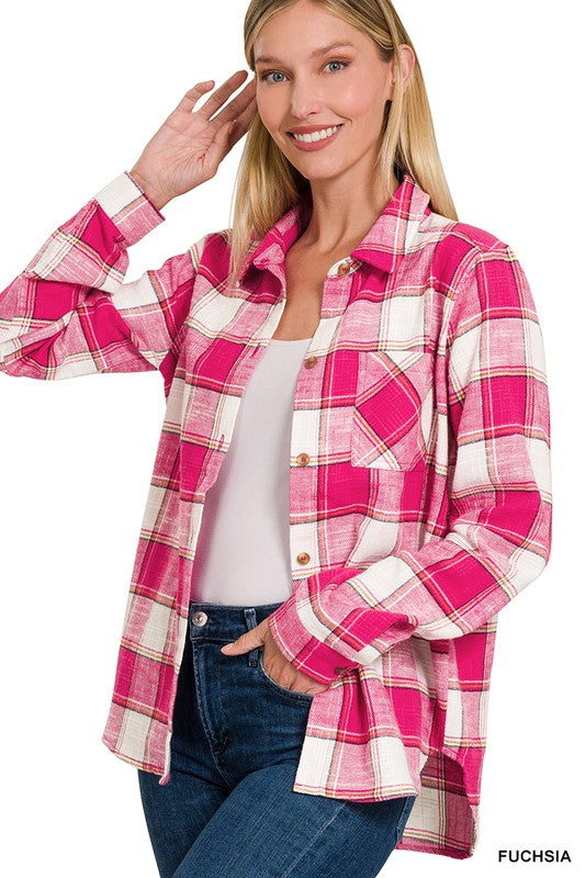 COTTON PLAID SHACKET WITH FRONT POCKET - MULT COLORS