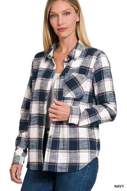 COTTON PLAID SHACKET WITH FRONT POCKET - MULT COLORS