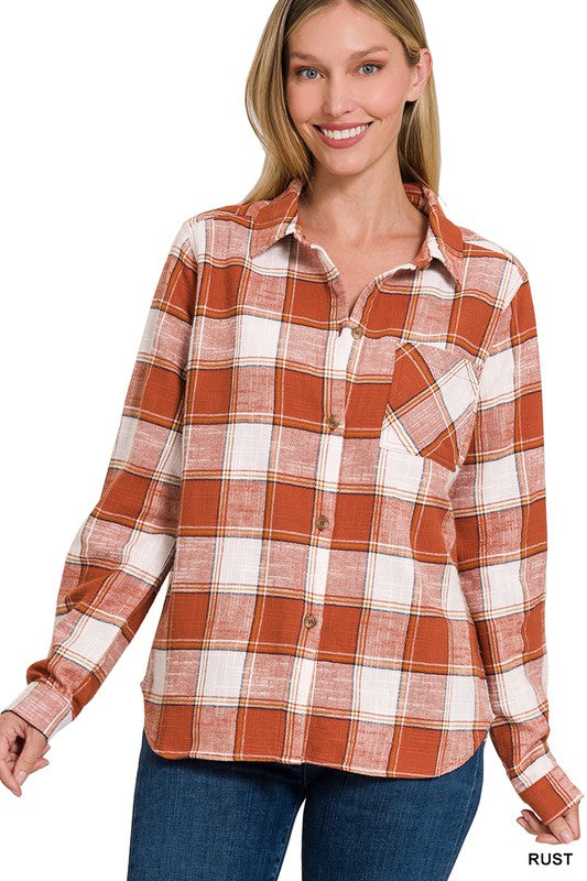 COTTON PLAID SHACKET WITH FRONT POCKET - MULT COLORS