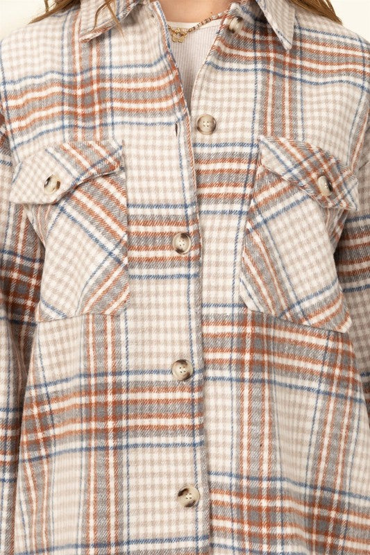 For Myself Checkered Print Button-Front Top - BLUE & BROWN