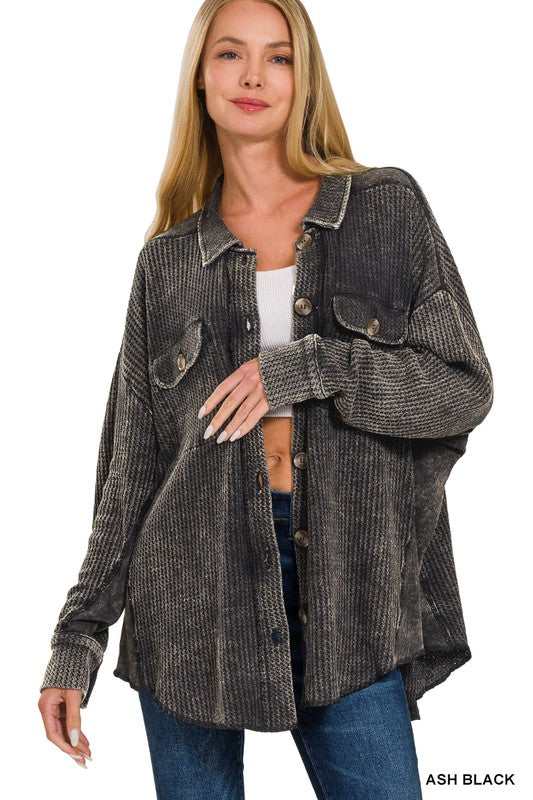 Acid Wash Oversized Cotton Waffle Shacket