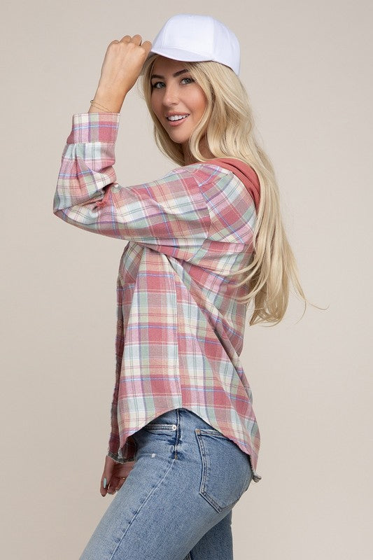 Plaid Shirt Hoodie in Pink