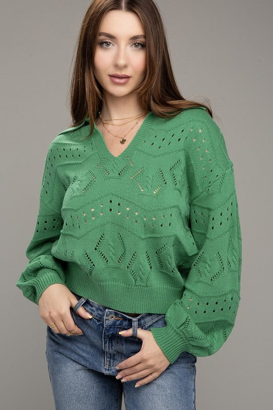 Green Hole Knit Collared Sweater