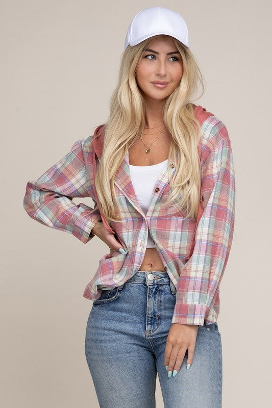 Plaid Shirt Hoodie in Pink