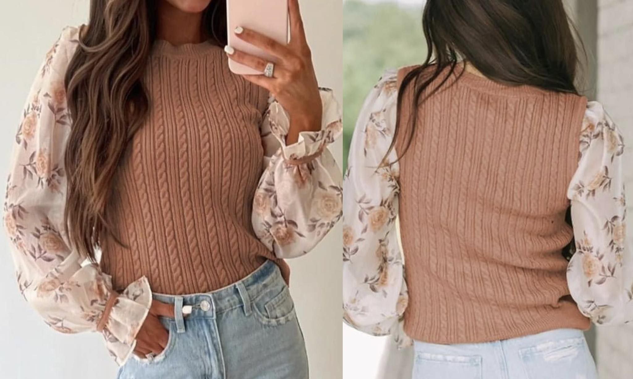 Fleece Floral Patchwork Ruffled Cuff Cable Knit Sweater Presale