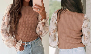Fleece Floral Patchwork Ruffled Cuff Cable Knit Sweater Presale