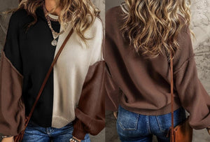 Coffee Color Block Exposed Seam Loose Fit Sweater Presale