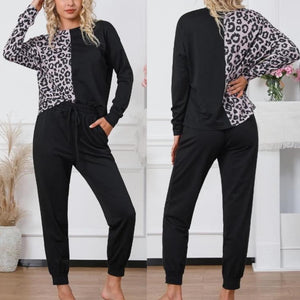 Black Contrast Leopard Long Sleeve Pullover and Joggers Outfit Presale