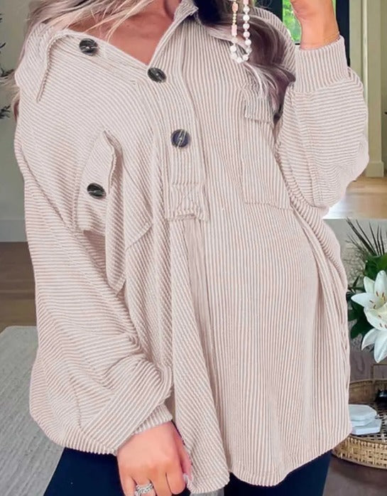 Khaki Corded Henley Top Presale