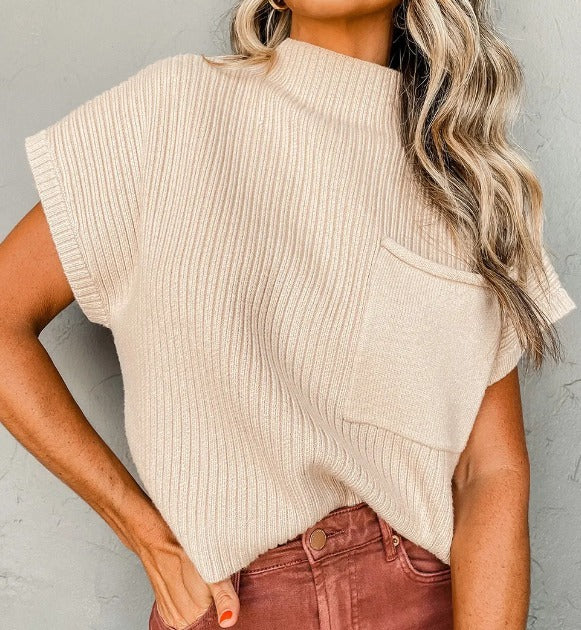 Oatmeal Patch Pocket Ribbed Knit Short Sleeve Sweater Presale