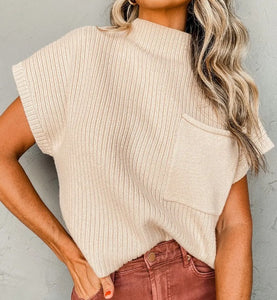 Oatmeal Patch Pocket Ribbed Knit Short Sleeve Sweater Presale