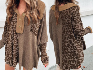 Khaki Leopard Patchwork Waffle Knit Buttoned Blouse Presale