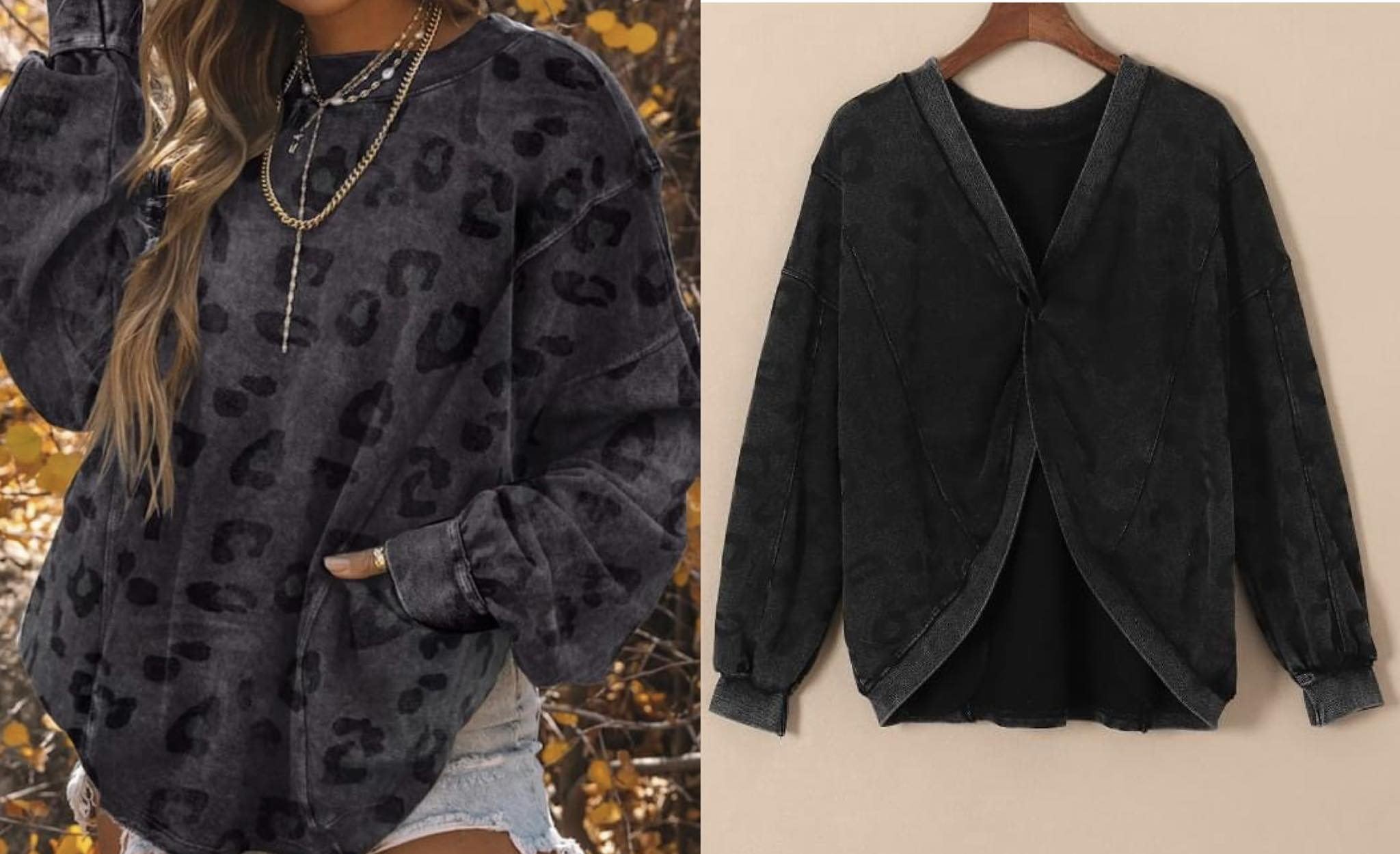 Grey Leopard Print Loose Fit Pullover Sweatshirt Presale