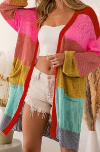 Multicolor Color Block Patchwork Open Front Cardigan