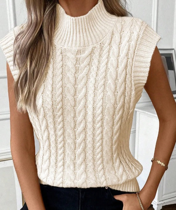 Oatmeal Cable Knit High Neck Sweater Vest Presale