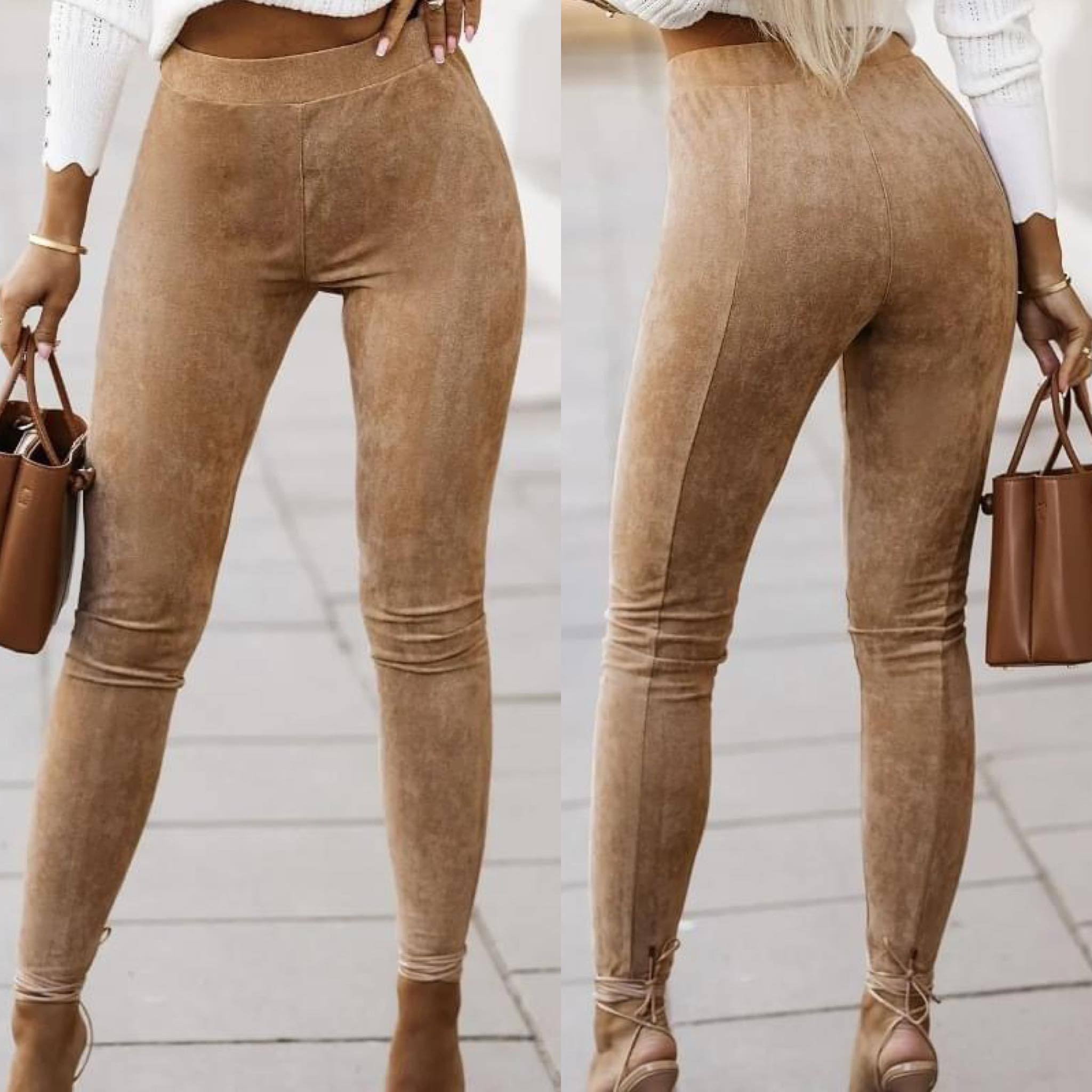 Khaki High Waist Faux Suede Skinny Leggings Presale