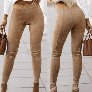 Khaki High Waist Faux Suede Skinny Leggings Presale