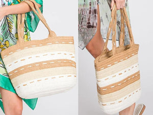 Taupe Stripe Straw Bucket Bag Presale