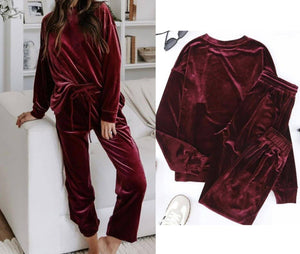 Red Solid Velvet Two Piece Lounge Set Presale