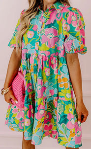 Green Floral Puff Sleeve Collar Buttoned Babydoll Dress Presale