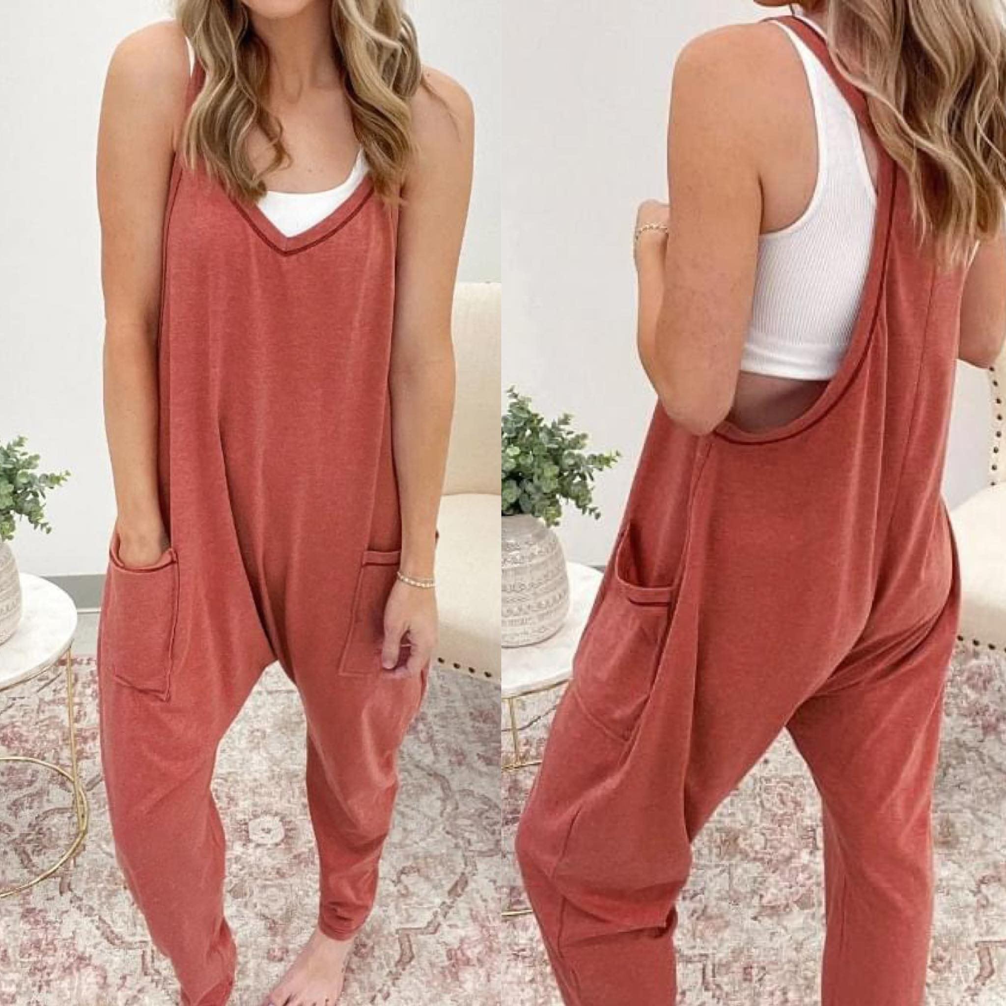 Side Pockets Harem Pants Sleeveless V Neck Jumpsuit Presale