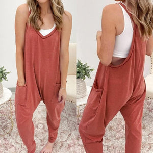 Side Pockets Harem Pants Sleeveless V Neck Jumpsuit Presale