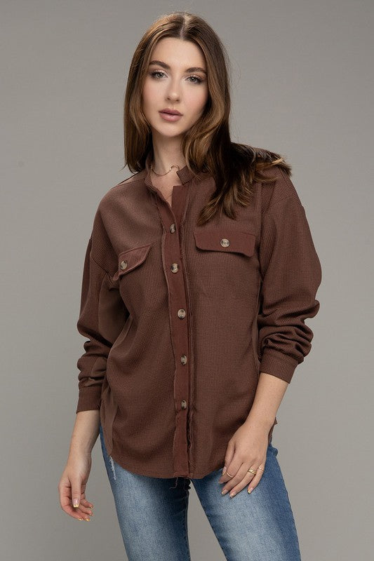 Brown Button Up Waffle Shirt