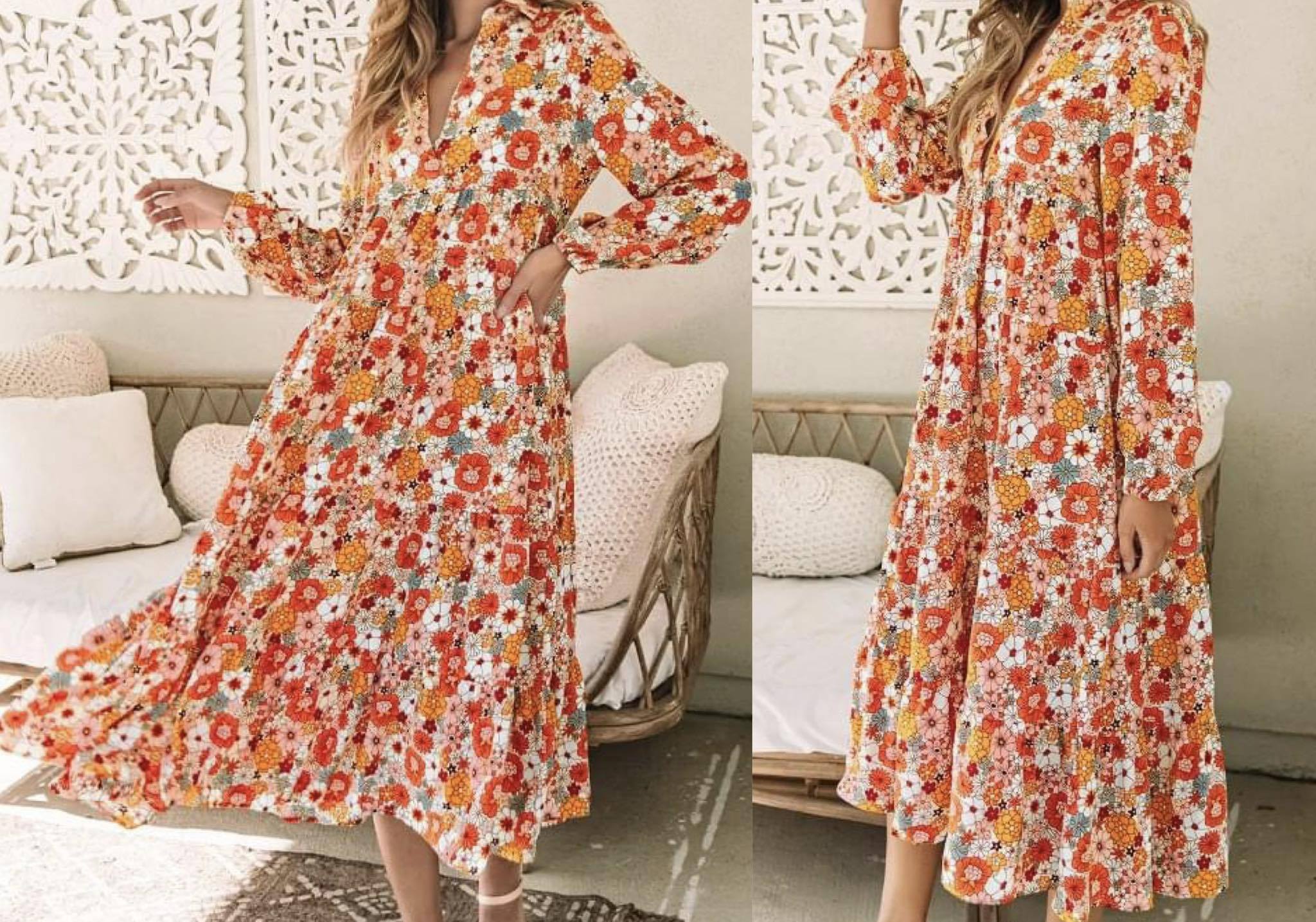 Multicolor Boho Floral Long Sleeve Ruffled Dress Presale