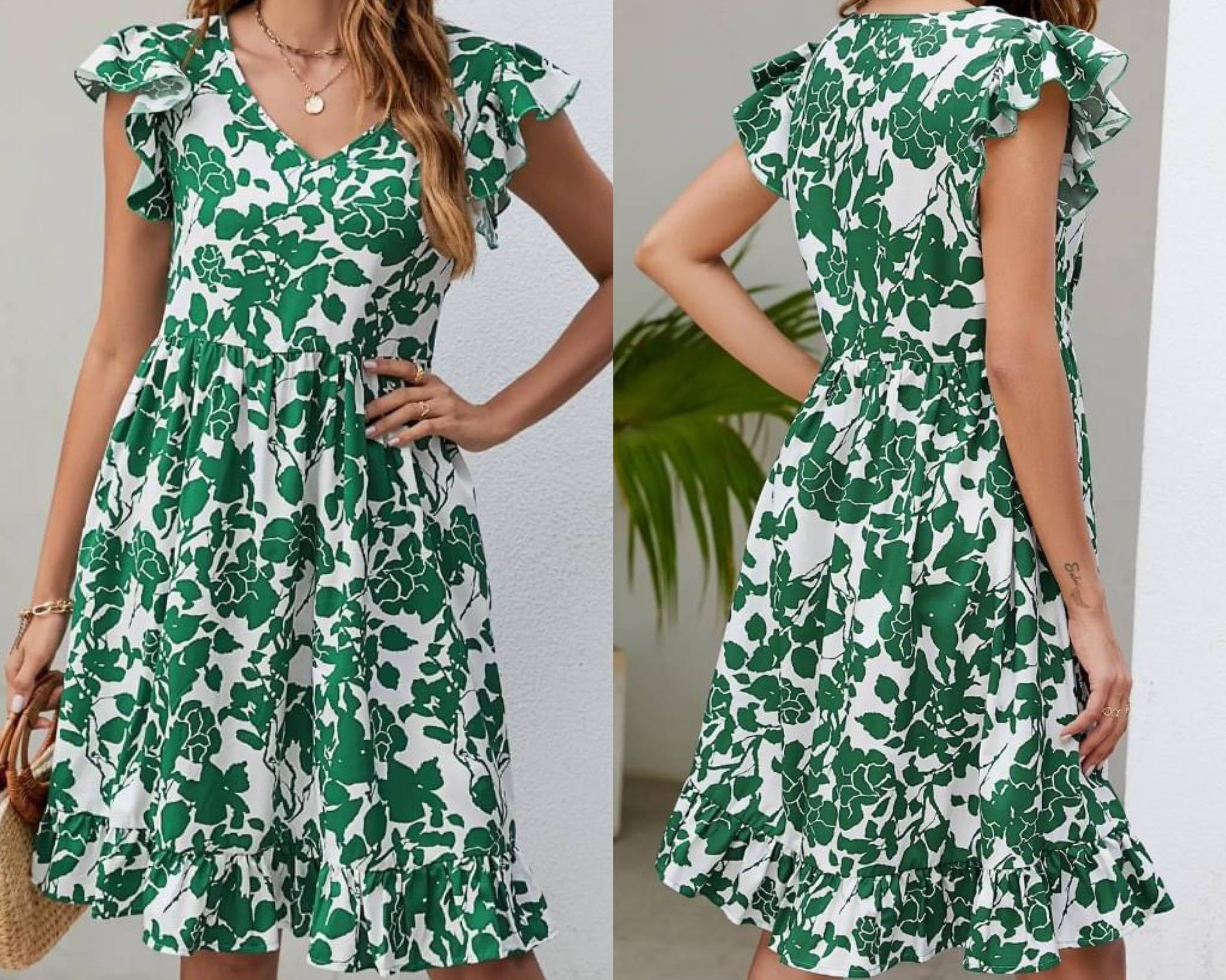 Green Leaf Print V Neck Flutter Sleeve Dress Presale