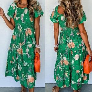 Green Floral Print Bubble Sleeve Smocked Tiered Midi Dress Presale