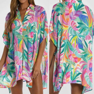 Plant Print Button-up Half Sleeve Beach Cover Up Presale