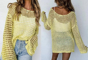 Yellow Open Knit Crochet Bell Sleeve Tunic Sweater Presale