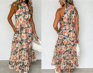 Boho Floral Print Knotted Halter Ruffled Maxi Dress Presale