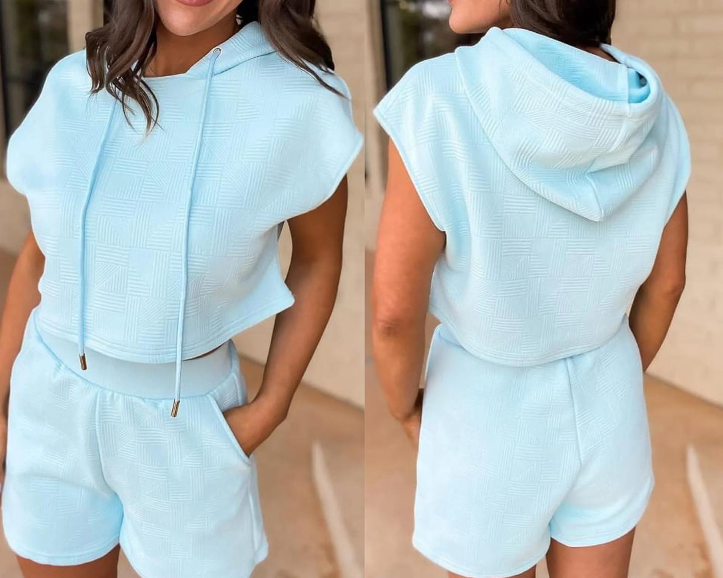 Blue Textured Cropped Hoodie and Shorts Set Presale