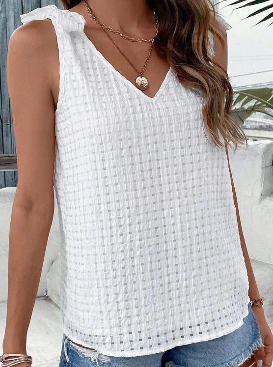 Lattice Texture Bowknot Shoulder V Neck Tank Top Presale