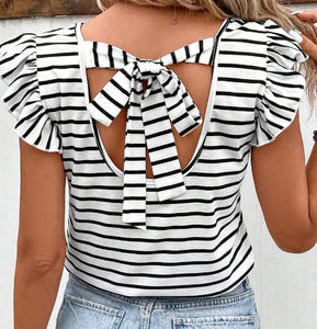 White Stripe Butterfly Sleeve V Neck Hollowed Knot Back T Shirt Presale