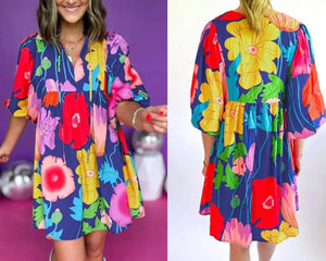 Dark Blue Floral Print Split Neck Babydoll Dress Presale