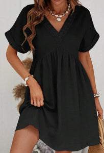 Black Folded Short Sleeve Lace V Neck Mini Dress Presale