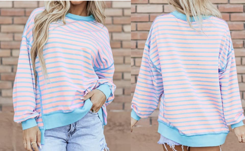 Pink Stripe Contrast Trim High Low Pullover Tunic Sweatshirt Presale