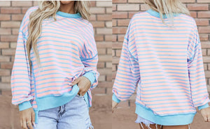 Pink Stripe Contrast Trim High Low Pullover Tunic Sweatshirt Presale