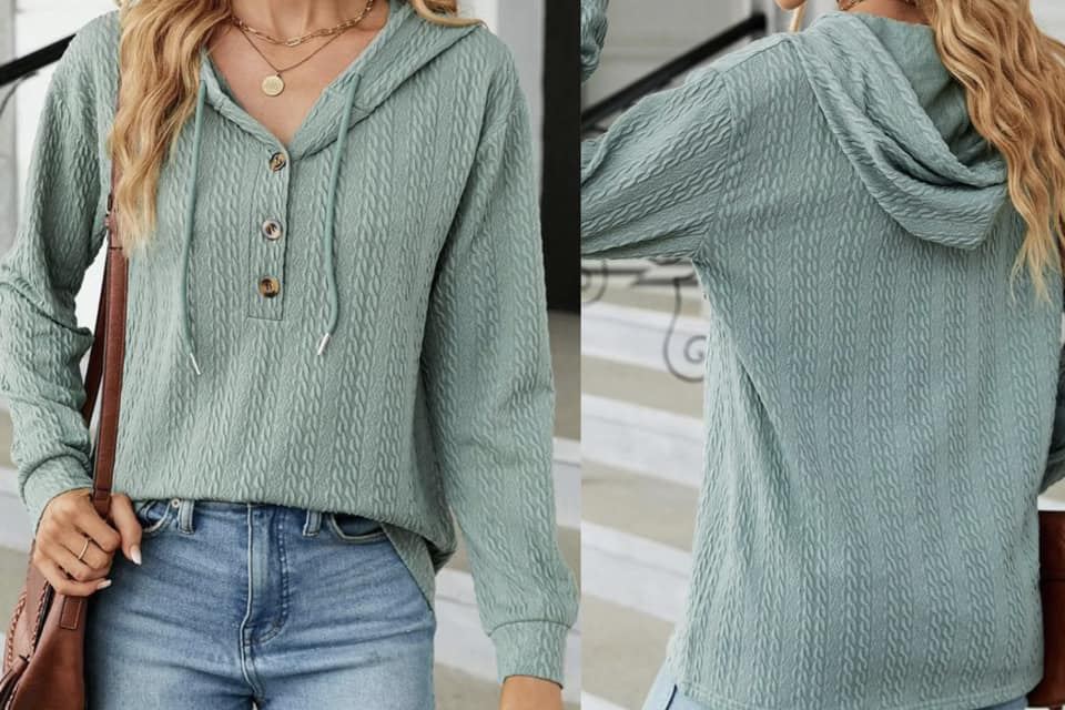 Mint Green Button Front Textured Drawstring Hooded Long Sleeve Top Presale