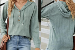 Mint Green Button Front Textured Drawstring Hooded Long Sleeve Top Presale