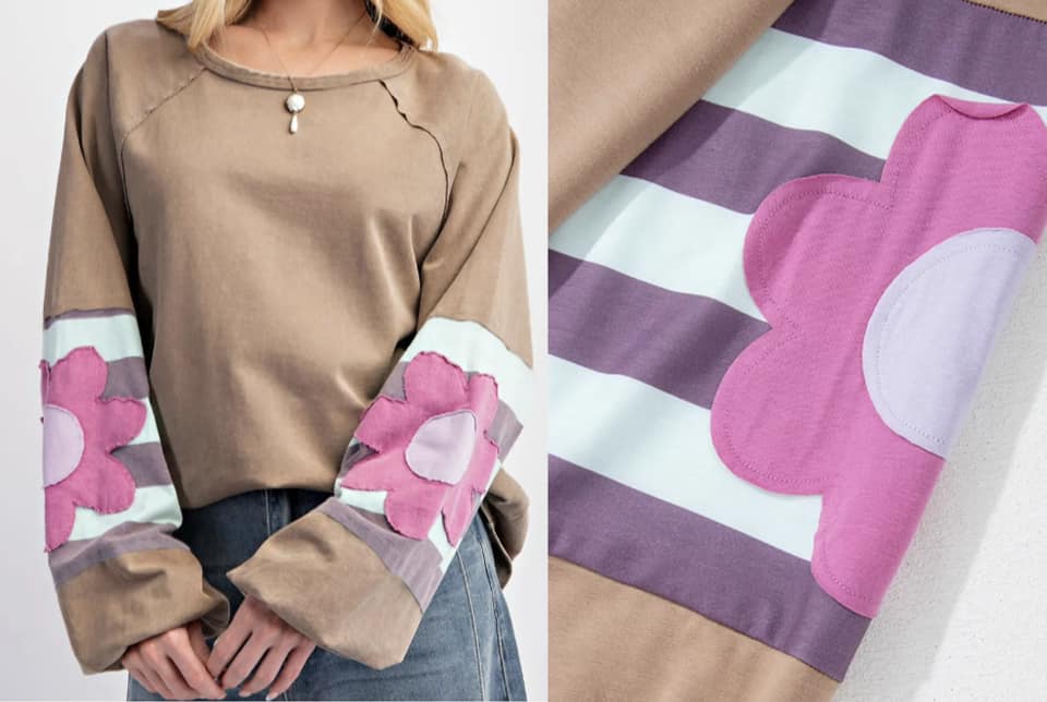Flower Patchwork Raglan Sleeve Exposed Seam Oversized Top Presale