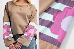 Flower Patchwork Raglan Sleeve Exposed Seam Oversized Top Presale